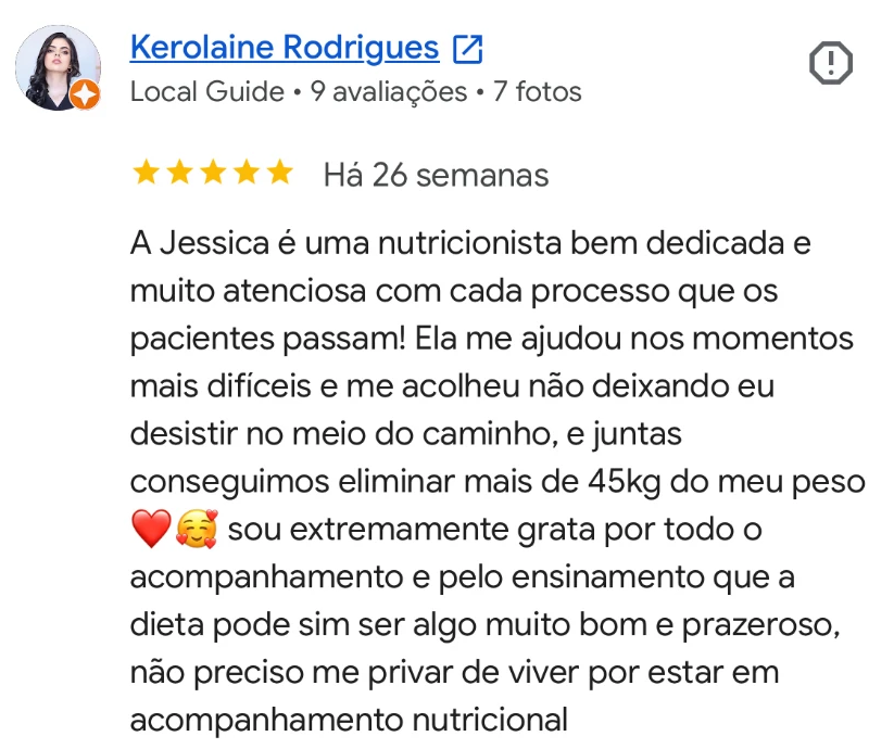 Print de avaliação 5 estrelas no Google de Kerolaine Rodrigues elogiando a dedicação e o acolhimento da nutricionista Jéssica